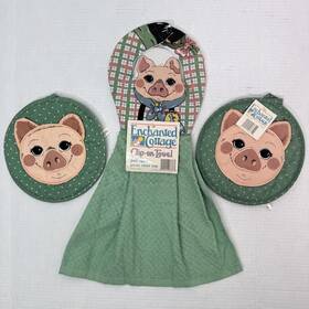 Enchanted Cottage 029441137373 Vintage Pig Kitchen Towel Potholder Clip-on Set Farmhouse New