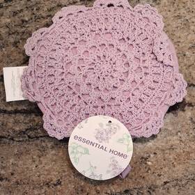 01557190-4 Essential Home Lavender Crochet Cotton Potholder 7.5in Quilted Hanging Loop