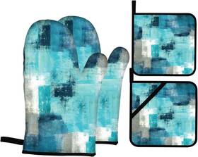 Euyyhai 313047035073 Turquoise Grey Oven Mitts And Pot Holders Sets Of 4 Modern Teal Abstract Art Ove
