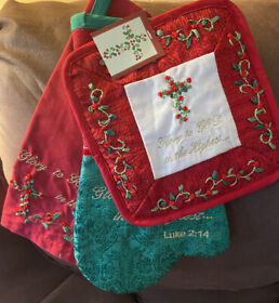 164294019 Faith At Home Christmas Kitchen Linen 3 Set Potholder Oven Mitt Towel Christian