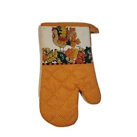 Fall Leaves Retro Polkadot Country Rooster Cotton Oven Mitt Signed B&d Med Nwot
