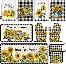 Wap-fanfanwin-0870 Fanfanwin 10 Pcs Boho Oven Mitts Pot Holders Anti Fatigue Kitchen Rug And Black Yellow