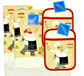 Fat Chef Pasta And Wine 2 Kitchen Towels Pocket Pot Holders Mitt Red Tan New