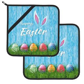 Potholders-dn-442840422 Fiephvsa Funny Easter Bunny Colorful Eggs Pot Holders Sets 2-piece Set Washable Decora