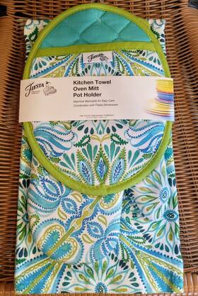 Fiesta 028332782302 Ware Paisley Green And Blue Kitchen Towel Pot Holder Oven Mitt 3 Pc Set Nwt