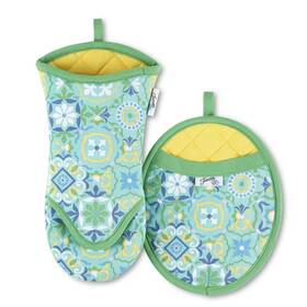 Fiesta 028332793995 Worn Tiles Oven Mitt And Pot Holder 2-pack Set Turquoise/blue 6.5 Inch X13 8 X10
