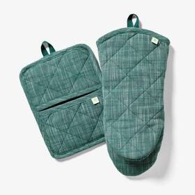 Figmint 198101326492 Oven Mitt Potholder Set Green - Cotton Machine Washable Solid