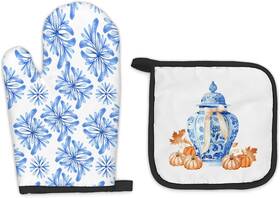 Fiicy 313105563562 Chinoiserie Pumpkin Fall Oven Mitts And Pot Holders Sets Blue White Porcela