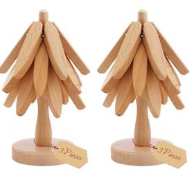 Jsv1077a Fonyick 8 Inch Tree Shaped Wooden Trivets 6pcs Coasters With 2 Holders Kitchen Table Mat