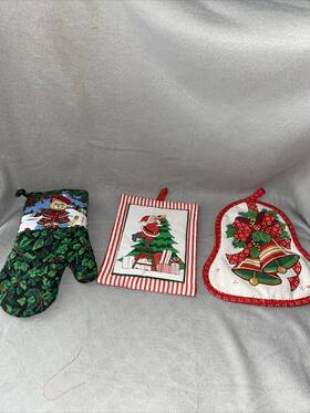 Franco 073558045922 Vintage Set Of 3 Christmas Holiday Pot Holders Oven Mitt Cat Santa Bells