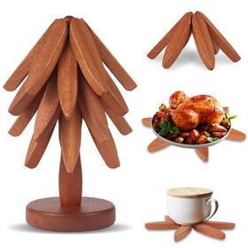 Futighapy 797465857835 Natural Wood Tree Trivet Set 4 Leaf Pattern Hot Pads With Decorative Storage