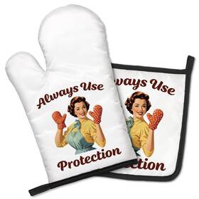 Gst010 Geygie Always Use Protection Funny Oven Mitts And Pot Holders Set Retro Home Cook Inch