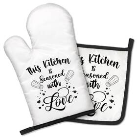 Gst019 Geygie This Kitchen Is Seasoned With Love Funny Oven Mitts 11.2 6.9in White
