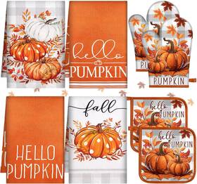 Gisgfim 445044583585 8pcs Fall Autumn Harvest Pumpkin Oven Mitt Dish Towels Potholders Set Farmh