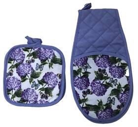 001b4b Gold Coast 3 Piece Kitchen Set Hydrangea Butterflies Potholders And Dual Oven Mitt