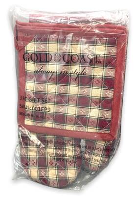 001ep9 Gold Coast Oven Mitt And 2 Pot Holders 3 Piece Kitchen Set 1 Red / Green Plaid New