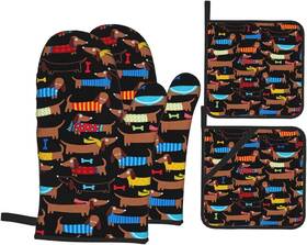 Granbey 744110549843 Cute Dachshund Oven Mitts And Pot Holders Set Funny Dogs Print Kitchen Gloves