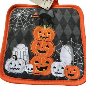 187243 Greenbrier International Halloween 2 Pot Holder Set Orange Pumpkin Holiday Fall Kitchen Accessories