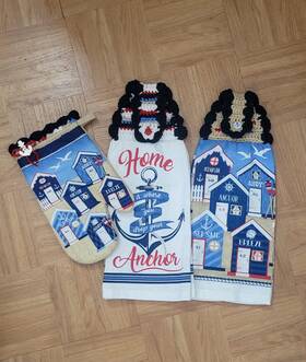 010124-dg Handmade 010124-dg/ja6.00 Coastal Anchors And Beach Houses Hanging Towel Oven Mitt Set Yacht Rv Camper Van