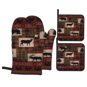 Happy Camper 900975607850 Oven Mitts And Pot Holders Set Retro Rustic Lodge Bear Deer Moose Heat Resist