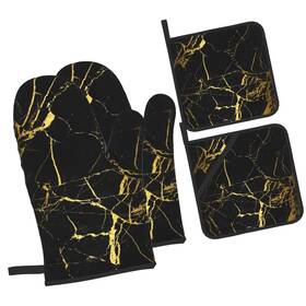 Happy Camper 900975608628 Black Gold Marble High Heat Resistant Oven Mitts With Gloves And Hot Pads P