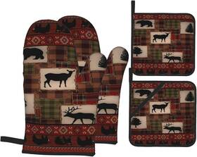 Sdf48-erfhg Happy Camper Oven Mitts And Pot Holders Set Onesize Retro Rustic Lodge Bear Deer Moose
