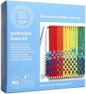 F550 Harrisville Designs 313112712748 7 Inch Potholder Kit - Metal Loom With Rainbow Cotton Loops Makes 2 Potholders