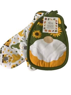 Harvest By Homewear 722885547455 Gnome With Sunflower Oven Mitt And Potholder Set Of 2 Kitchen