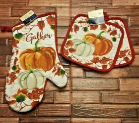 1d225t458hp85 Harvest Pumpkins Oven Mitt And Potholders 3pc Set Rustic Autumn Free Shipping