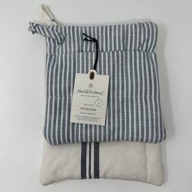 0674 Hearth & Hand With Magnolia 191908739458 2pc Plaid And Tick Stripe Potholder Set Blue/sour Cream