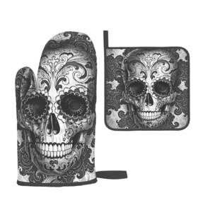 Hitamus 438022000333 Gothic Sugar Skull Black Oven Mitts And Pot Holders Setshalloween Heat Resist