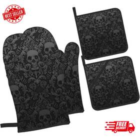 Hitamus 445056670648 Gothic Skull Flower Black 4pcs Oven Mitts And Pot Holders Sets Halloween Heat