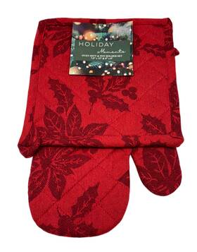 Holiday Moments 052501511691 Oven Mitt Pot Holder Set 7.5 X 12-8 8 Red Jacquard Poinsettia