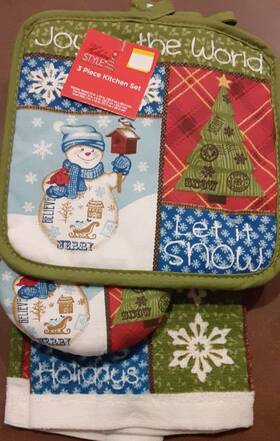 Holiday Style 848405009705 3 Piece Kitchen Set Towel Pot Holder And Mitt Nwt