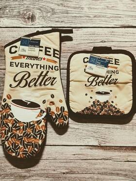 Home Collection 195464392928 Coffee Oven Mitt And Pot Holder Set
