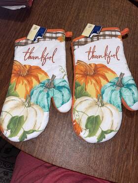 Home Collection 195464491843 Nwt Two Autumn / Harvest Oven Mitts Thankful Pumpkins. 7 Inch X 13 Cotton