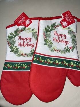 Home Collection 195464520116 Nwt Two Xmas Oven Mitts Happy Holidays 7 Inch X 13 Cotton