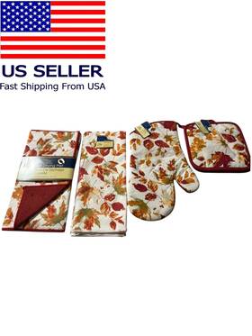 206801 Home Collection Fall Thanksgiving Leaves Dish Drying Mat Oven Mitten Pot Holder Kitchen Towel