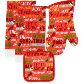 288088 Home Collection 5 Piece Christmas Theme Let It Snow Kitchen Oven Mitt Pot Holder Towels Set