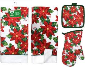 Home Collection 639277634474 5 Piece Merry Christmas Poinsettia Kitchen Oven Mitt Pot Holder Towels Set