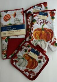 Home Collection Pumpkin Theme Pot Holders 2 7x7 Inches And 7x13 Mitts 1 Mat