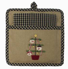 Ph762401 Home Collections By Raghu Primitive Snowman Feather Tree Potholder And Homespun Tea Towel Set New