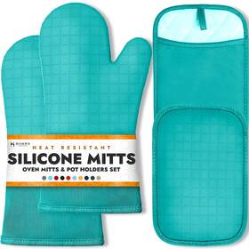 Homwe 850035221341 Bpa-free Soft Silicone 4 Piece Oven Mitts And Pot Holders Set Turquoise
