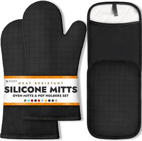 Hw-ovnmt-pothld-4pc-black Homwe Silicone Oven Mitts And Pot Holders Set Black