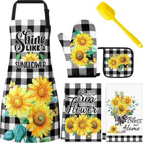 Hoolerry 705353970856 6 Pcs Sunflower Kitchen Apron Dish Towels Oven Mitts And Pot Holders Se