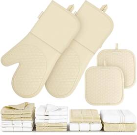 Hu-20pcs-beige Hulosan Silicone Oven Mitts Pot Holder Kitchen Towels 100% Cotton Dish Beige