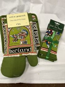 Ireland Celtic Peacock Clara Crafts Oven Mit Pot Holder Dish Towel Set Nwt