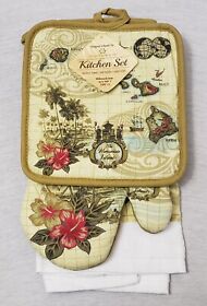 Island Heritage 3 Piece Kitchen Set Towel Pot Holder Oven Mitt Hawaiian Islands