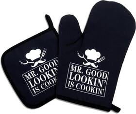 St-003 Jxubeuro Mr.good Looking Is Cooking Funny Oven Mitts And Pot Holders Sets Of Black