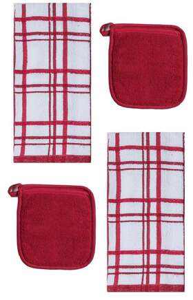 R6452 Kaydeedesigns 4 Piece Cinnabar Red Kitchen Set Windowpane Towel And Solid Potholder